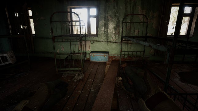 Screenshot showing the Journalist's Stash in Rostok containing the Riemann SMG in Stalker 2.